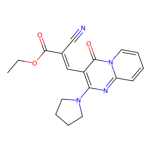 (E)-ethyl 2-cyano-3-(4-oxo-2-(pyrrolidin-1-yl)-4H-pyrido[1,2-a]pyrimidin-3-yl)acrylate structure