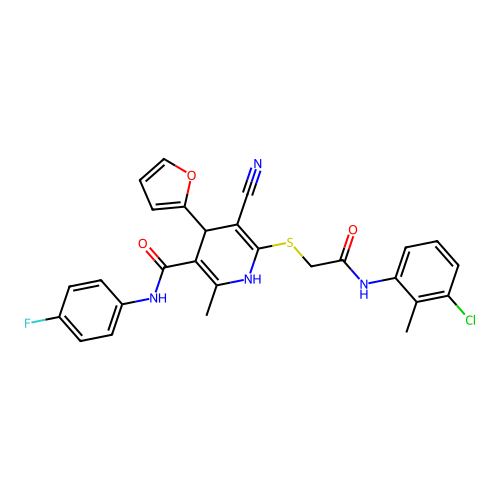 6-((2-((3-chloro-2-methylphenyl)amino)-2-oxoethyl)thio)-5-cyano-N-(4-fluorophenyl)-4-(furan-2-yl)-2-methyl-1,4-dihydropyridine-3-carboxamide structure