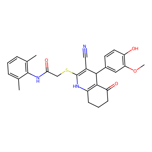 2-((3-cyano-4-(4-hydroxy-3-methoxyphenyl)-5-oxo-1,4,5,6,7,8-hexahydroquinolin-2-yl)thio)-N-(2,6-dimethylphenyl)acetamide structure