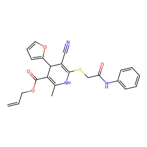 5-Cyano-4-furan-2-yl-2-methyl-6-phenylcarbamoylmethylsulfanyl-1,4-dihydro-pyridine-3-carboxylic acid  allyl ester structure