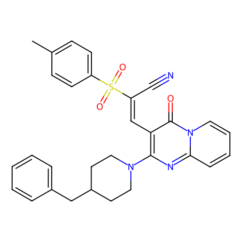 (2E)-3-[2-(4-benzylpiperidin-1-yl)-4-oxo-4H-pyrido[1,2-a]pyrimidin-3-yl]-2-[(4-methylphenyl)sulfonyl]prop-2-enenitrile structure