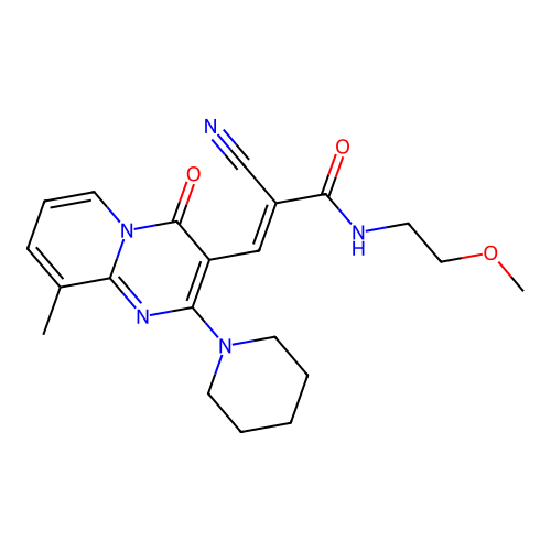 (2E)-2-cyano-N-(2-methoxyethyl)-3-[9-methyl-4-oxo-2-(piperidin-1-yl)-4H-pyrido[1,2-a]pyrimidin-3-yl]prop-2-enamide structure
