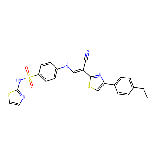 (E)-4-((2-cyano-2-(4-(4-ethylphenyl)thiazol-2-yl)vinyl)amino)-N-(thiazol-2-yl)benzenesulfonamide structure