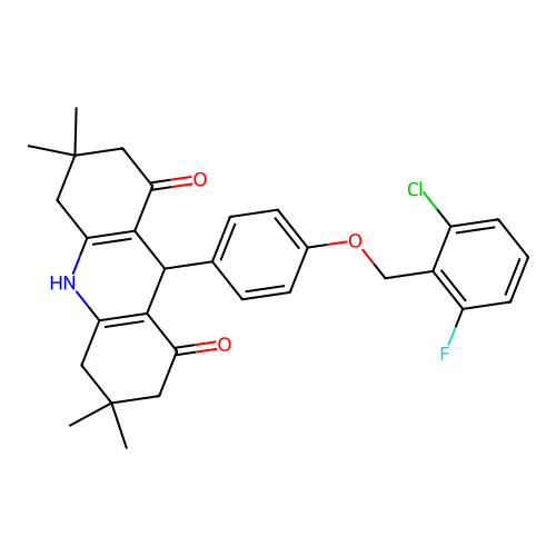 9-(4-((2-chloro-6-fluorobenzyl)oxy)phenyl)-3,3,6,6-tetramethyl-3,4,6,7,9,10-hexahydroacridine-1,8(2H,5H)-dione structure