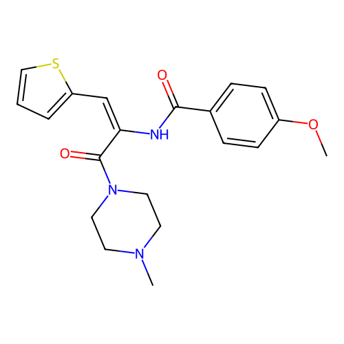 4-methoxy-N-[3-(4-methylpiperazin-1-yl)-3-oxo-1-thiophen-2-yl-prop-1-en-2-yl]benzamide structure