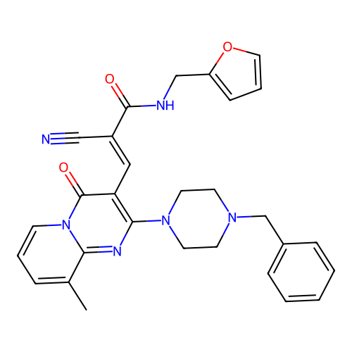 (2E)-3-[2-(4-benzylpiperazin-1-yl)-9-methyl-4-oxo-4H-pyrido[1,2-a]pyrimidin-3-yl]-2-cyano-N-(furan-2-ylmethyl)prop-2-enamide structure