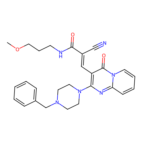 (2E)-3-[2-(4-benzylpiperazin-1-yl)-4-oxo-4H-pyrido[1,2-a]pyrimidin-3-yl]-2-cyano-N-(3-methoxypropyl)prop-2-enamide structure