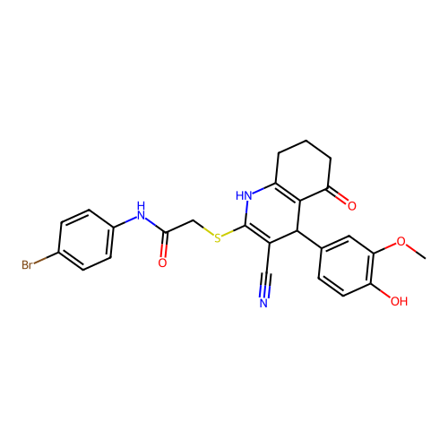N-(4-bromophenyl)-2-((3-cyano-4-(4-hydroxy-3-methoxyphenyl)-5-oxo-1,4,5,6,7,8-hexahydroquinolin-2-yl)thio)acetamide structure