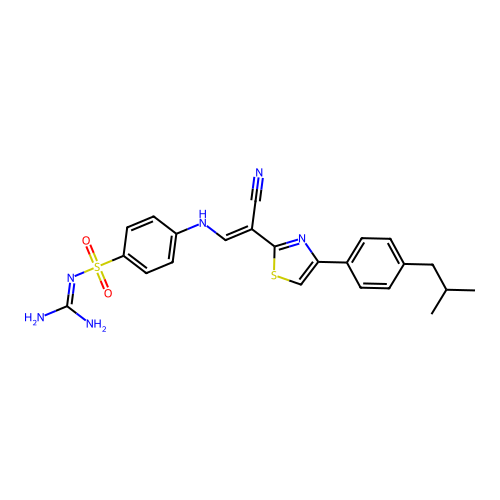 (E)-N-carbamimidoyl-4-((2-cyano-2-(4-(4-isobutylphenyl)thiazol-2-yl)vinyl)amino)benzenesulfonamide structure