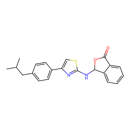 3-({4-[4-(2-methylpropyl)phenyl]-1,3-thiazol-2-yl}amino)-2-benzofuran-1(3H)-one structure