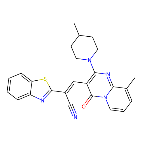 (2E)-2-(1,3-benzothiazol-2-yl)-3-[9-methyl-2-(4-methylpiperidin-1-yl)-4-oxo-4H-pyrido[1,2-a]pyrimidin-3-yl]prop-2-enenitrile structure