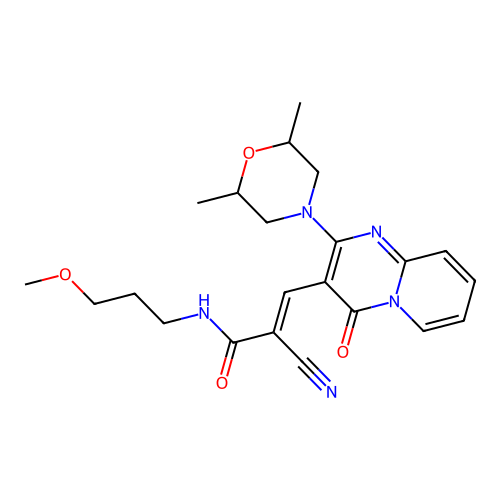 (2E)-2-cyano-3-[2-(2,6-dimethylmorpholin-4-yl)-4-oxo-4H-pyrido[1,2-a]pyrimidin-3-yl]-N-(3-methoxypropyl)prop-2-enamide structure