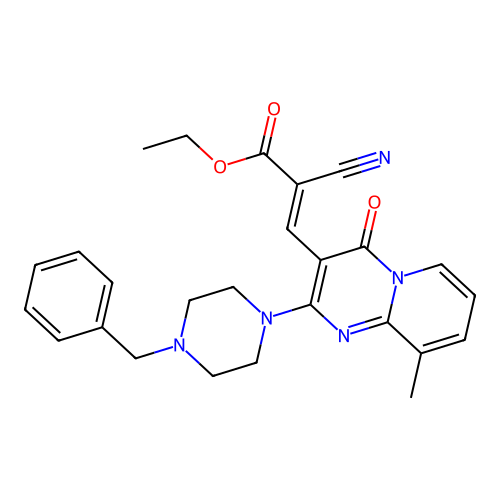 (E)-ethyl 3-(2-(4-benzylpiperazin-1-yl)-9-methyl-4-oxo-4H-pyrido[1,2-a]pyrimidin-3-yl)-2-cyanoacrylate structure