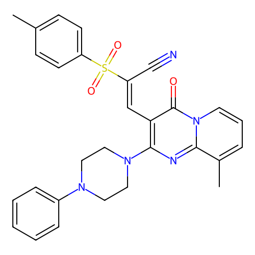 (2E)-3-[9-methyl-4-oxo-2-(4-phenylpiperazin-1-yl)-4H-pyrido[1,2-a]pyrimidin-3-yl]-2-[(4-methylbenzene)sulfonyl]prop-2-enenitrile structure