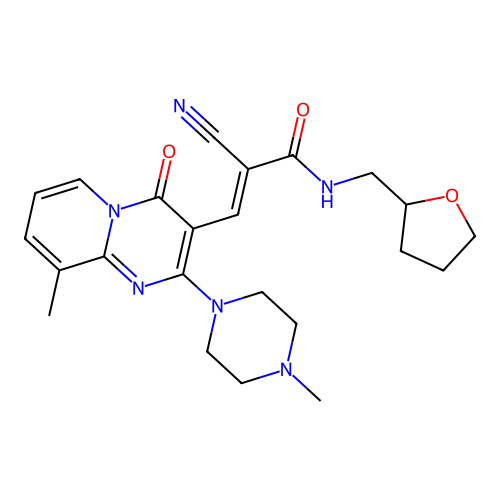 (2E)-2-cyano-3-[9-methyl-2-(4-methylpiperazin-1-yl)-4-oxo-4H-pyrido[1,2-a]pyrimidin-3-yl]-N-(tetrahydrofuran-2-ylmethyl)prop-2-enamide structure