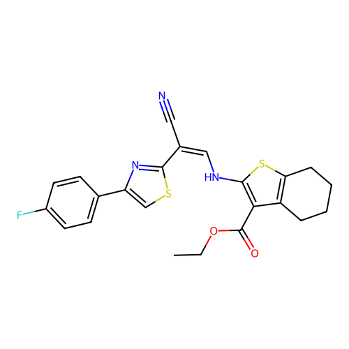 (Z)-ethyl 2-((2-cyano-2-(4-(4-fluorophenyl)thiazol-2-yl)vinyl)amino)-4,5,6,7-tetrahydrobenzo[b]thiophene-3-carboxylate structure
