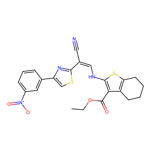 (Z)-ethyl 2-((2-cyano-2-(4-(3-nitrophenyl)thiazol-2-yl)vinyl)amino)-4,5,6,7-tetrahydrobenzo[b]thiophene-3-carboxylate structure