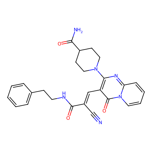 (E)-1-(3-(2-cyano-3-oxo-3-(phenethylamino)prop-1-en-1-yl)-4-oxo-4H-pyrido[1,2-a]pyrimidin-2-yl)piperidine-4-carboxamide structure