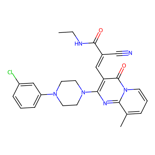 (2E)-3-{2-[4-(3-chlorophenyl)piperazin-1-yl]-9-methyl-4-oxo-4H-pyrido[1,2-a]pyrimidin-3-yl}-2-cyano-N-ethylprop-2-enamide structure