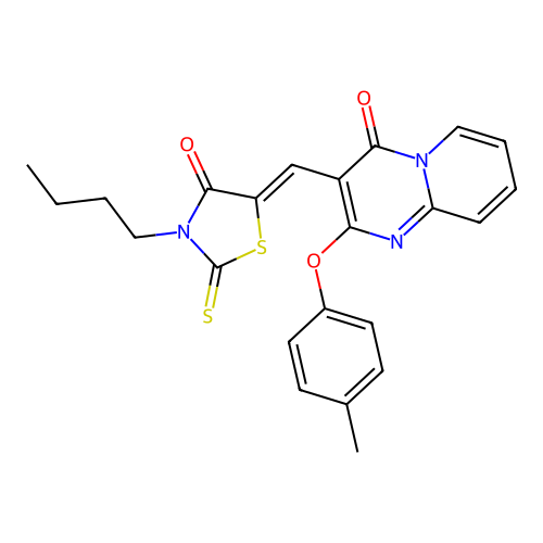 3-[(Z)-(3-butyl-4-oxo-2-thioxo-1,3-thiazolidin-5-ylidene)methyl]-2-(4-methylphenoxy)-4H-pyrido[1,2-a]pyrimidin-4-one structure
