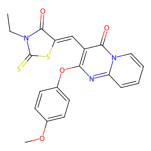 3-[(Z)-(3-ethyl-4-oxo-2-thioxo-1,3-thiazolidin-5-ylidene)methyl]-2-(4-methoxyphenoxy)-4H-pyrido[1,2-a]pyrimidin-4-one structure