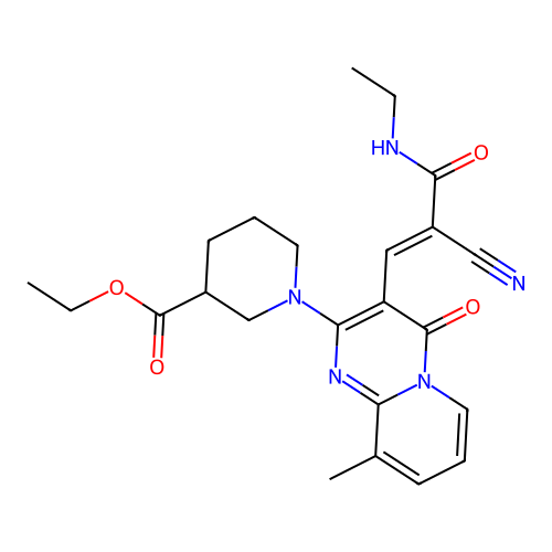 (E)-ethyl 1-(3-(2-cyano-3-(ethylamino)-3-oxoprop-1-en-1-yl)-9-methyl-4-oxo-4H-pyrido[1,2-a]pyrimidin-2-yl)piperidine-3-carboxylate structure