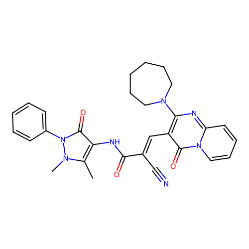 (2E)-3-[2-(azepan-1-yl)-4-oxo-4H-pyrido[1,2-a]pyrimidin-3-yl]-2-cyano-N-(1,5-dimethyl-3-oxo-2-phenyl-2,3-dihydro-1H-pyrazol-4-yl)prop-2-enamide structure