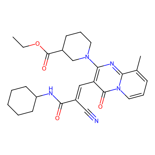 (E)-ethyl 1-(3-(2-cyano-3-(cyclohexylamino)-3-oxoprop-1-en-1-yl)-9-methyl-4-oxo-4H-pyrido[1,2-a]pyrimidin-2-yl)piperidine-3-carboxylate structure