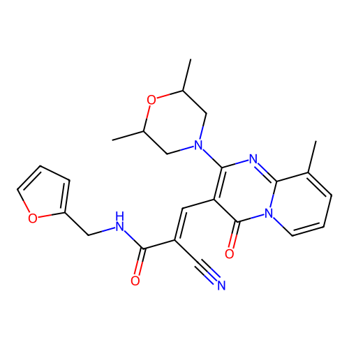 (2E)-2-cyano-3-[2-(2,6-dimethylmorpholin-4-yl)-9-methyl-4-oxo-4H-pyrido[1,2-a]pyrimidin-3-yl]-N-(furan-2-ylmethyl)prop-2-enamide structure