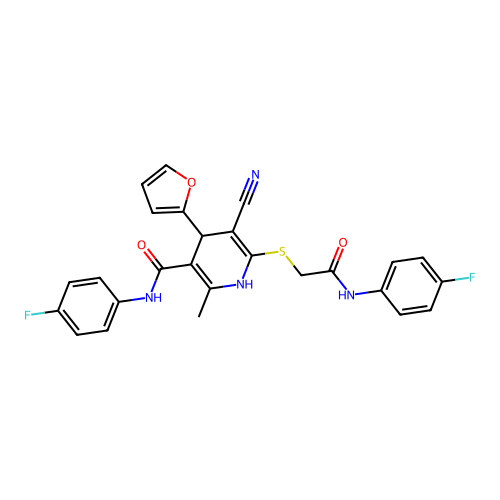 5-cyano-6-[2-(4-fluoroanilino)-2-oxoethyl]sulfanyl-N-(4-fluorophenyl)-4-(furan-2-yl)-2-methyl-1,4-dihydropyridine-3-carboxamide structure