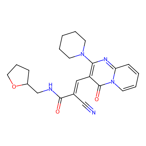 (2E)-2-cyano-3-[4-oxo-2-(piperidin-1-yl)-4H-pyrido[1,2-a]pyrimidin-3-yl]-N-(tetrahydrofuran-2-ylmethyl)prop-2-enamide structure