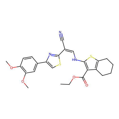 (Z)-ethyl 2-((2-cyano-2-(4-(3,4-dimethoxyphenyl)thiazol-2-yl)vinyl)amino)-4,5,6,7-tetrahydrobenzo[b]thiophene-3-carboxylate structure
