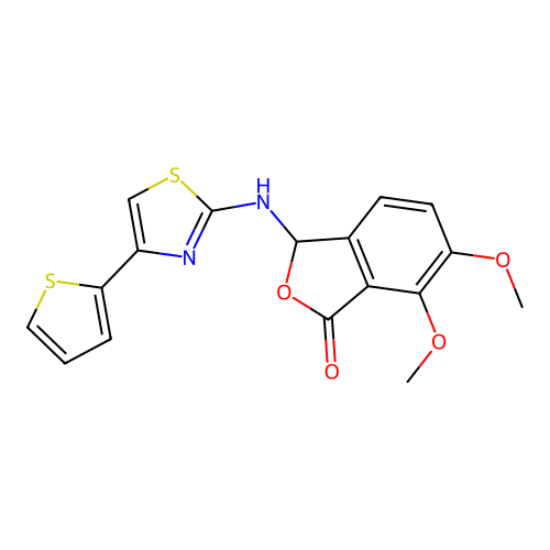 6,7-dimethoxy-3-((4-(thiophen-2-yl)thiazol-2-yl)amino)isobenzofuran-1(3H)-one structure
