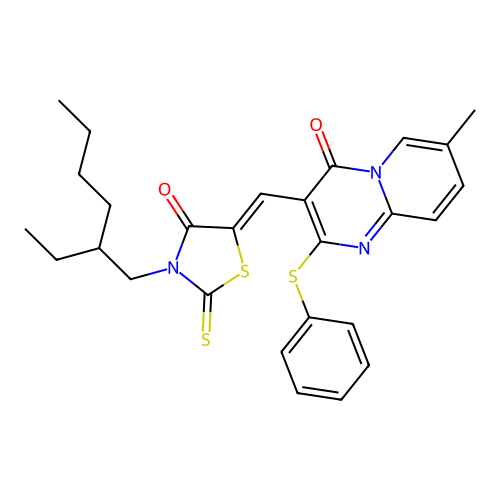 3-{(Z)-[3-(2-ethylhexyl)-4-oxo-2-thioxo-1,3-thiazolidin-5-ylidene]methyl}-7-methyl-2-(phenylsulfanyl)-4H-pyrido[1,2-a]pyrimidin-4-one structure