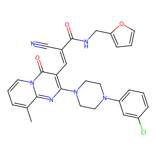 (2E)-3-{2-[4-(3-chlorophenyl)piperazin-1-yl]-9-methyl-4-oxo-4H-pyrido[1,2-a]pyrimidin-3-yl}-2-cyano-N-(furan-2-ylmethyl)prop-2-enamide structure