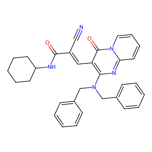 (2E)-2-cyano-N-cyclohexyl-3-[2-(dibenzylamino)-4-oxo-4H-pyrido[1,2-a]pyrimidin-3-yl]prop-2-enamide structure