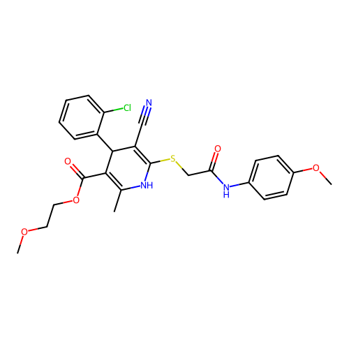 2-methoxyethyl 4-(2-chlorophenyl)-5-cyano-6-((2-((4-methoxyphenyl)amino)-2-oxoethyl)thio)-2-methyl-1,4-dihydropyridine-3-carboxylate structure