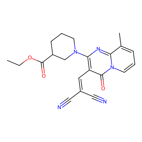 ethyl 1-(3-(2,2-dicyanovinyl)-9-methyl-4-oxo-4H-pyrido[1,2-a]pyrimidin-2-yl)piperidine-3-carboxylate structure