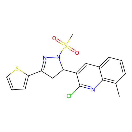 2-chloro-8-methyl-3-(1-(methylsulfonyl)-3-(thiophen-2-yl)-4,5-dihydro-1H-pyrazol-5-yl)quinoline structure