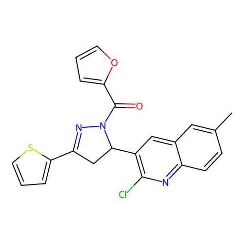 (5-(2-chloro-6-methylquinolin-3-yl)-3-(thiophen-2-yl)-4,5-dihydro-1H-pyrazol-1-yl)(furan-2-yl)methanone structure