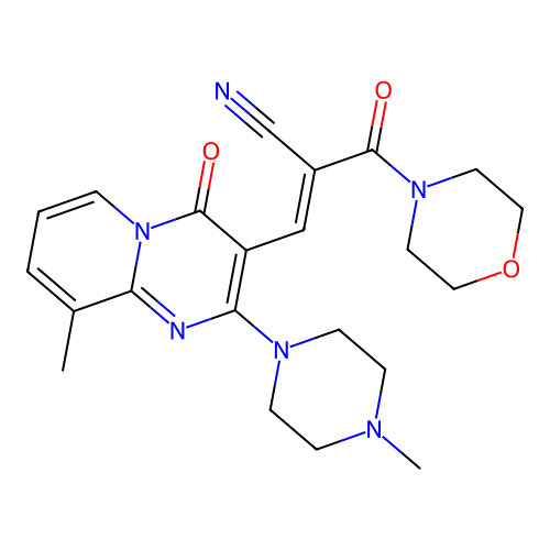 (2E)-3-[9-methyl-2-(4-methylpiperazin-1-yl)-4-oxo-4H-pyrido[1,2-a]pyrimidin-3-yl]-2-(morpholin-4-ylcarbonyl)prop-2-enenitrile structure