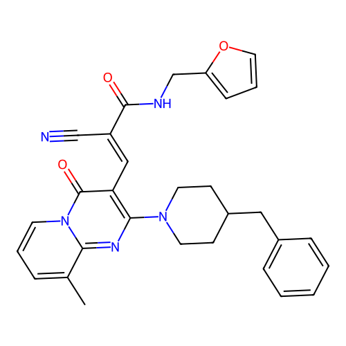 (2E)-3-[2-(4-benzylpiperidin-1-yl)-9-methyl-4-oxo-4H-pyrido[1,2-a]pyrimidin-3-yl]-2-cyano-N-(furan-2-ylmethyl)prop-2-enamide structure