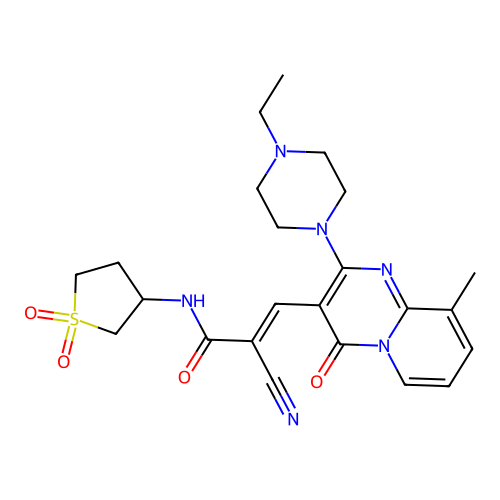(2E)-2-cyano-N-(1,1-dioxidotetrahydrothiophen-3-yl)-3-[2-(4-ethylpiperazin-1-yl)-9-methyl-4-oxo-4H-pyrido[1,2-a]pyrimidin-3-yl]prop-2-enamide structure