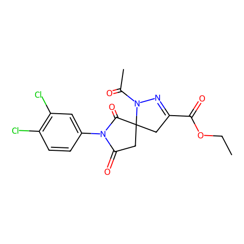 ethyl 1-acetyl-7-(3,4-dichlorophenyl)-6,8-dioxo-1,2,7-triazaspiro[4.4]non-2-ene-3-carboxylate structure