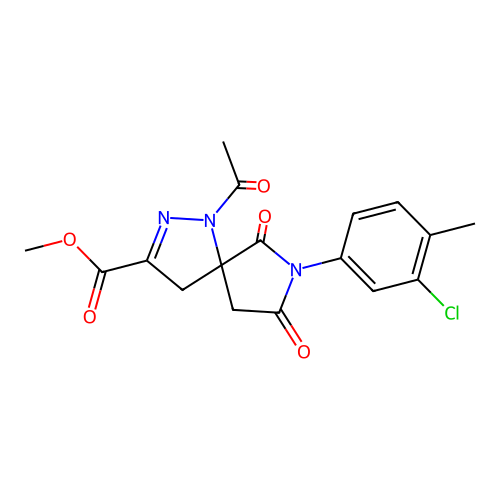 methyl 1-acetyl-7-(3-chloro-4-methylphenyl)-6,8-dioxo-1,2,7-triazaspiro[4.4]non-2-ene-3-carboxylate structure