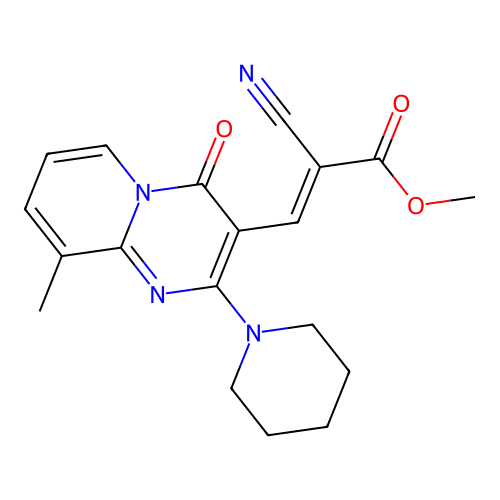 (E)-methyl 2-cyano-3-(9-methyl-4-oxo-2-(piperidin-1-yl)-4H-pyrido[1,2-a]pyrimidin-3-yl)acrylate structure
