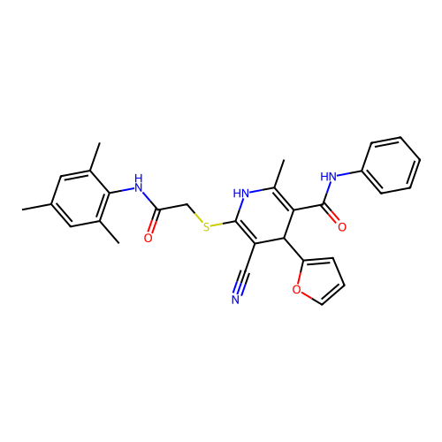 5-cyano-4-(furan-2-yl)-2-methyl-6-({2-oxo-2-[(2,4,6-trimethylphenyl)amino]ethyl}sulfanyl)-N-phenyl-1,4-dihydropyridine-3-carboxamide structure