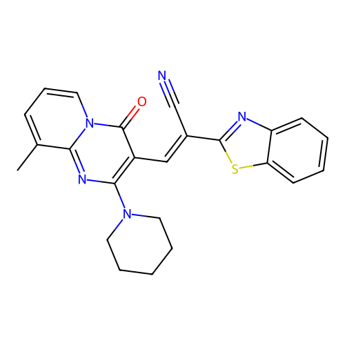 (2E)-2-(1,3-benzothiazol-2-yl)-3-[9-methyl-4-oxo-2-(piperidin-1-yl)-4H-pyrido[1,2-a]pyrimidin-3-yl]prop-2-enenitrile structure