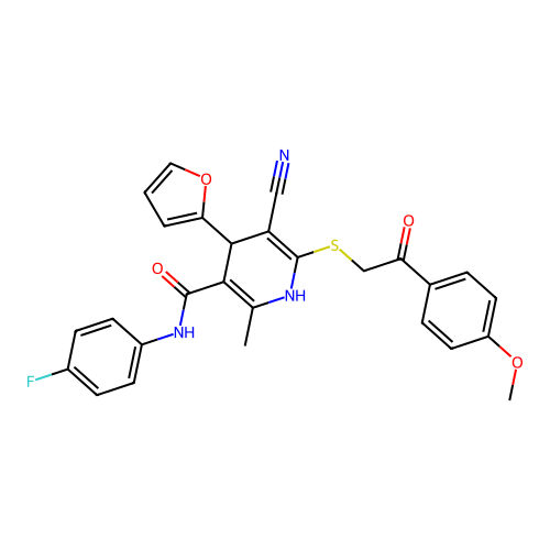 5-cyano-N-(4-fluorophenyl)-4-(furan-2-yl)-6-((2-(4-methoxyphenyl)-2-oxoethyl)thio)-2-methyl-1,4-dihydropyridine-3-carboxamide structure