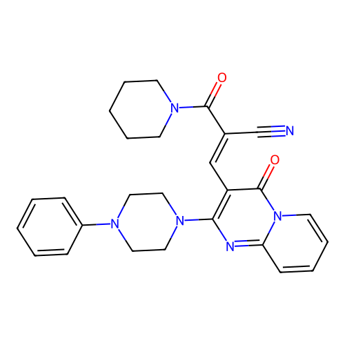 (2E)-3-[4-oxo-2-(4-phenylpiperazin-1-yl)-4H-pyrido[1,2-a]pyrimidin-3-yl]-2-(piperidin-1-ylcarbonyl)prop-2-enenitrile structure